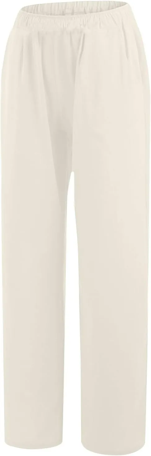 Linen Pants for Women Summer Solid Elastic Waist Wide Leg Loose Casual Vacation Beach Gauze Palazzo Pant with Pockets