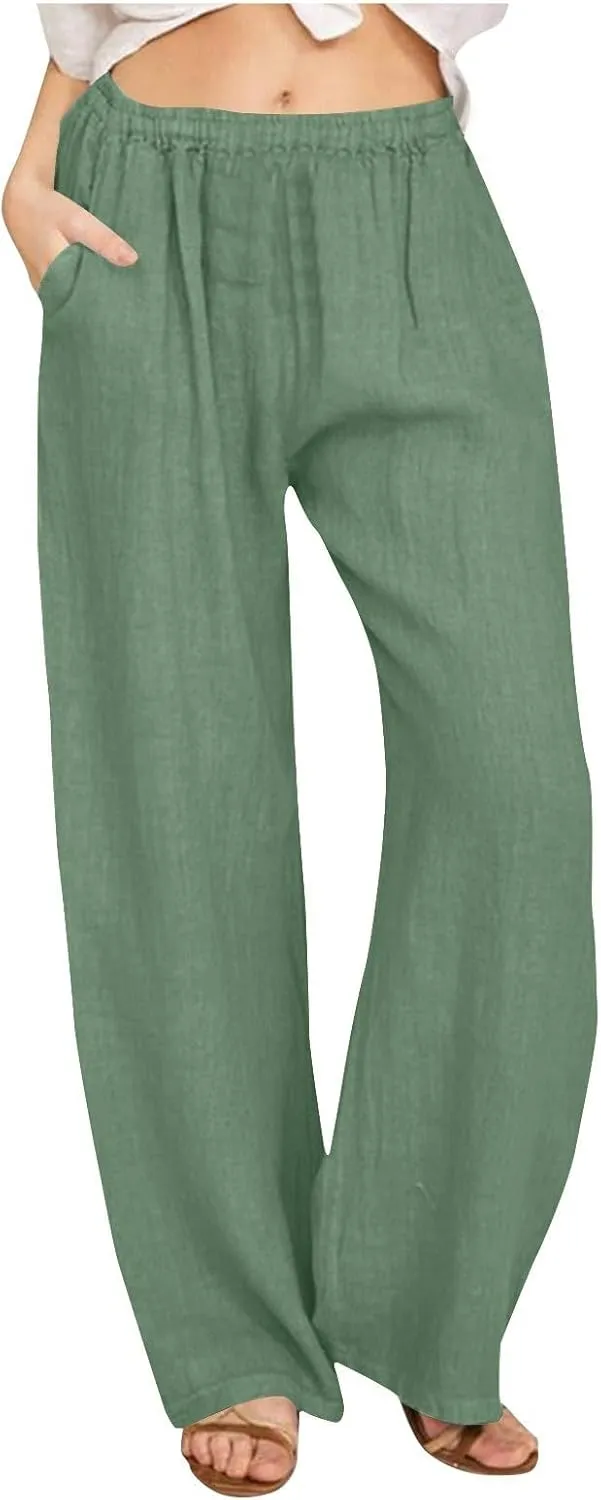 Linen Pants for Women Summer Solid Elastic Waist Wide Leg Loose Casual Vacation Beach Gauze Palazzo Pant with Pockets