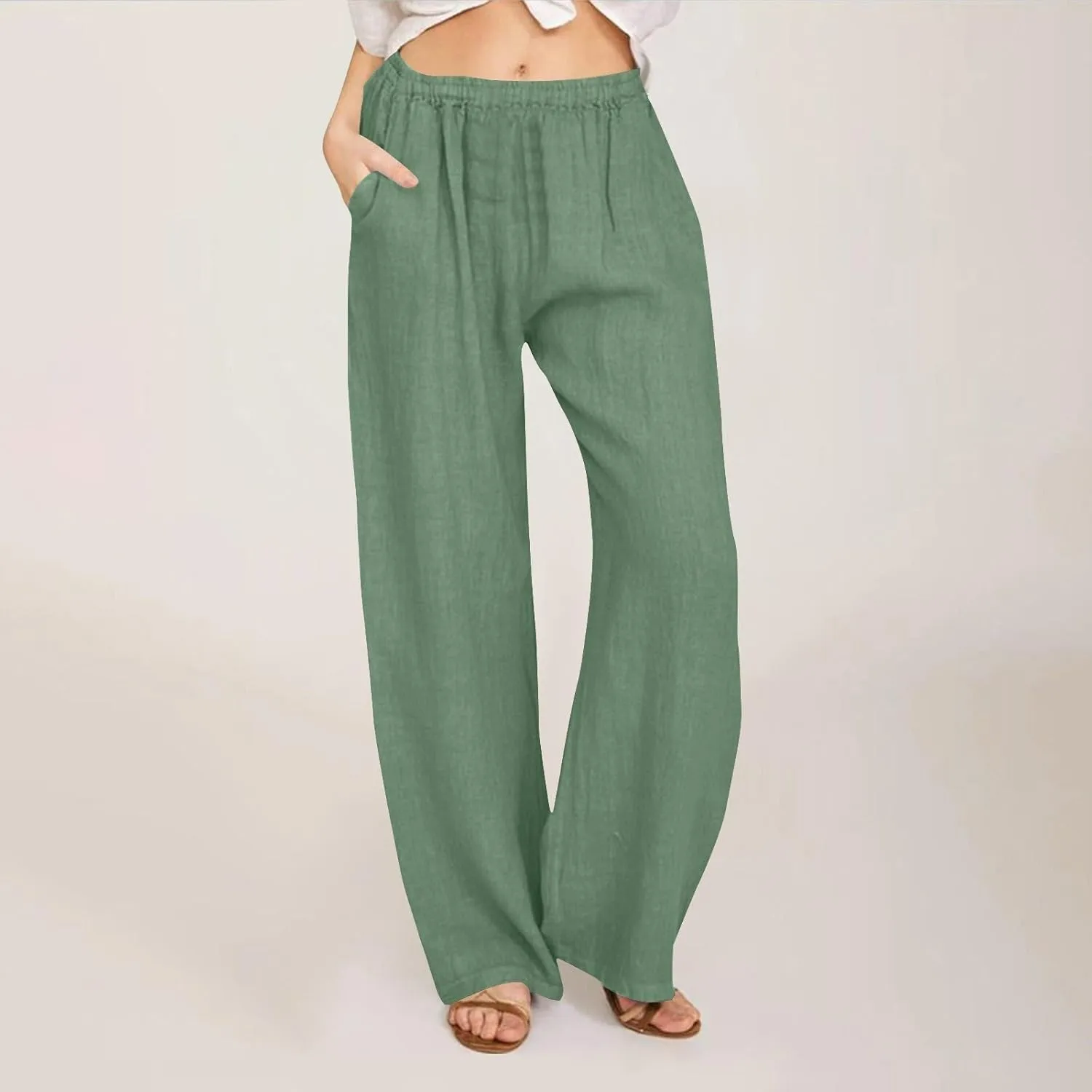 Linen Pants for Women Summer Solid Elastic Waist Wide Leg Loose Casual Vacation Beach Gauze Palazzo Pant with Pockets
