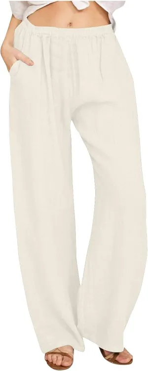Linen Pants for Women Summer Solid Elastic Waist Wide Leg Loose Casual Vacation Beach Gauze Palazzo Pant with Pockets