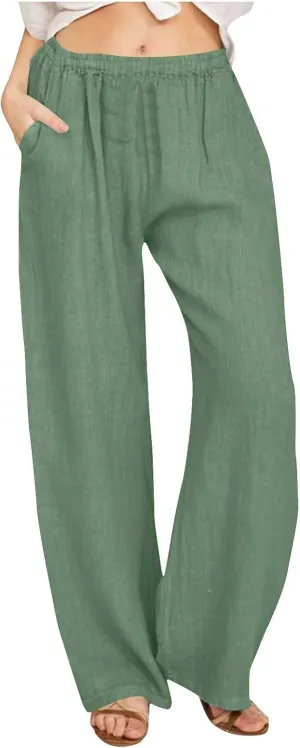 Linen Pants for Women Summer Solid Elastic Waist Wide Leg Loose Casual Vacation Beach Gauze Palazzo Pant with Pockets