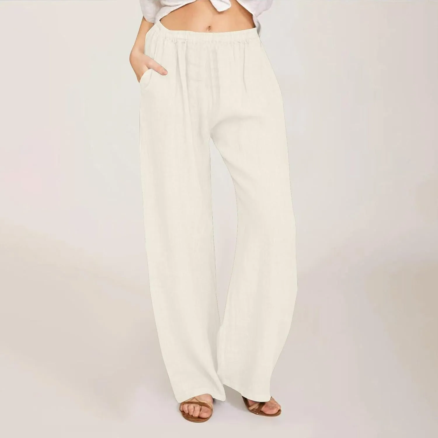 Linen Pants for Women Summer Solid Elastic Waist Wide Leg Loose Casual Vacation Beach Gauze Palazzo Pant with Pockets