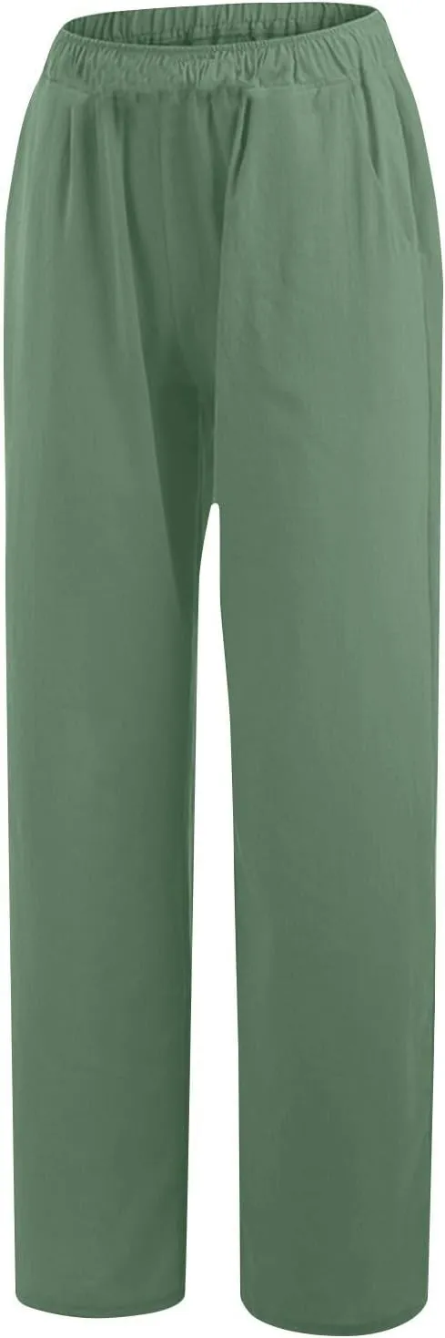 Linen Pants for Women Summer Solid Elastic Waist Wide Leg Loose Casual Vacation Beach Gauze Palazzo Pant with Pockets