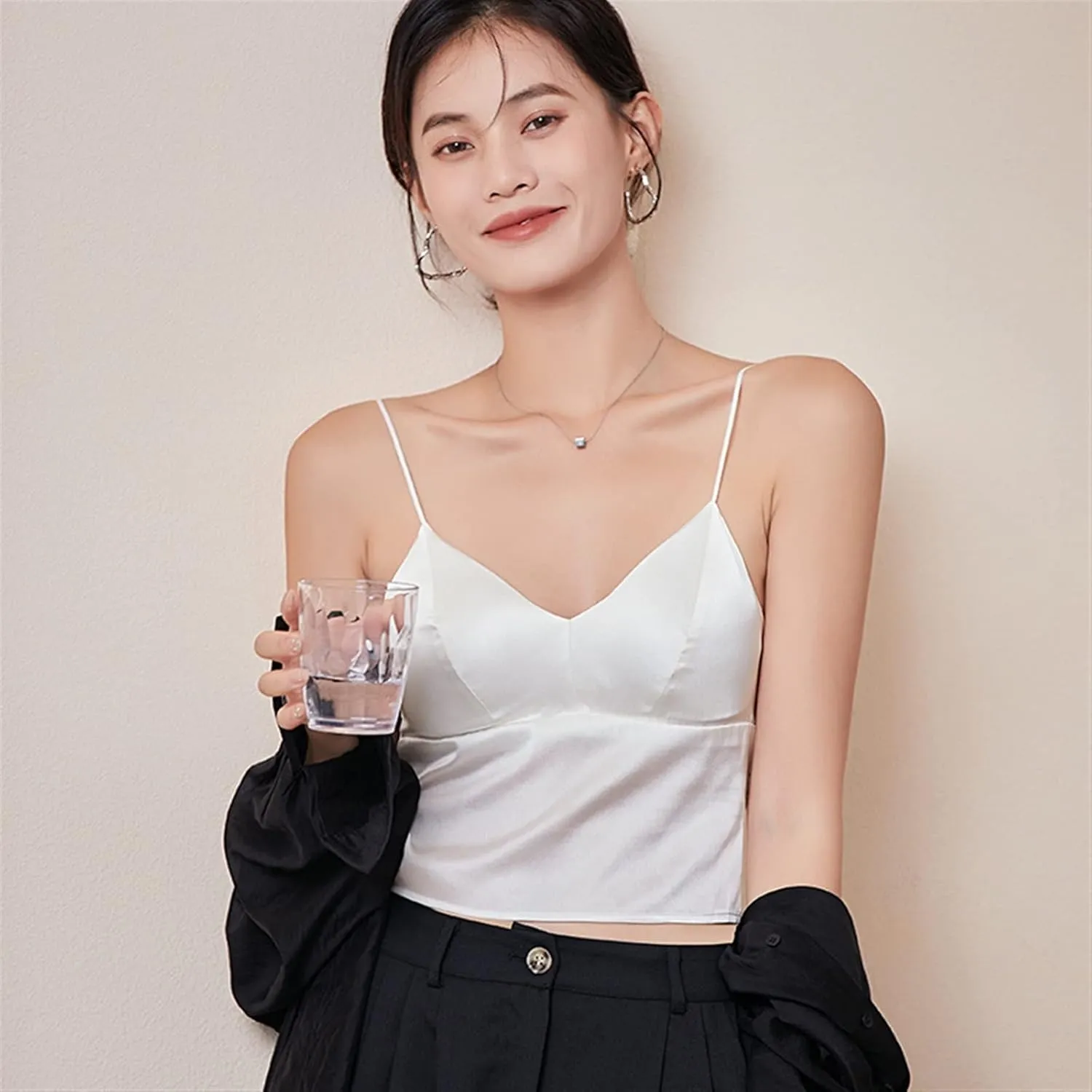 Mulberry Silk Crop Tank Tops for Women with Built in Bra Sexy Cami Bras Sling Tube Underwear Wireless (Color : Khaki, Size : M/Medium)