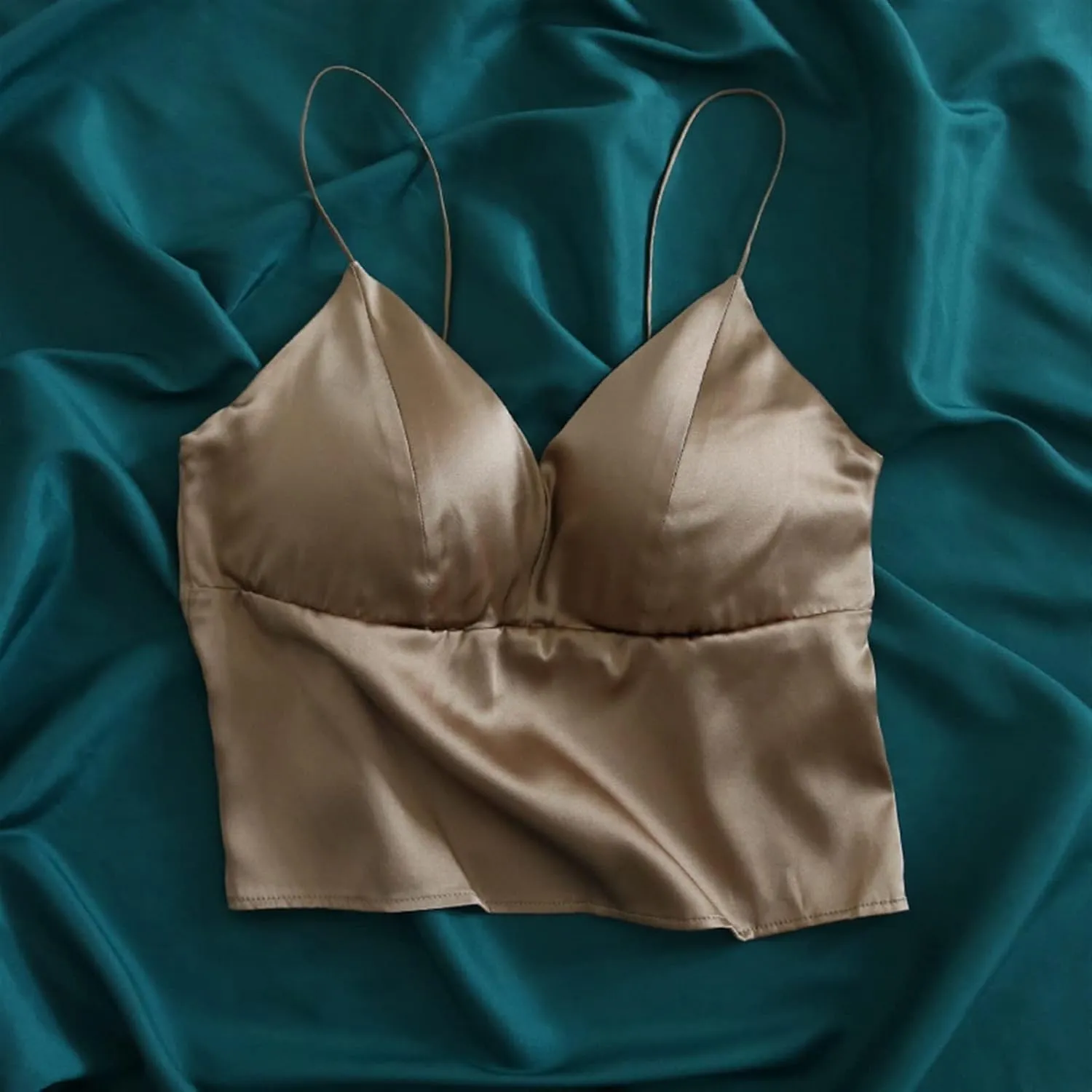 Mulberry Silk Crop Tank Tops for Women with Built in Bra Sexy Cami Bras Sling Tube Underwear Wireless (Color : Khaki, Size : M/Medium)