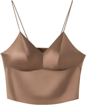 Mulberry Silk Crop Tank Tops for Women with Built in Bra Sexy Cami Bras Sling Tube Underwear Wireless (Color : Khaki, Size : M/Medium)