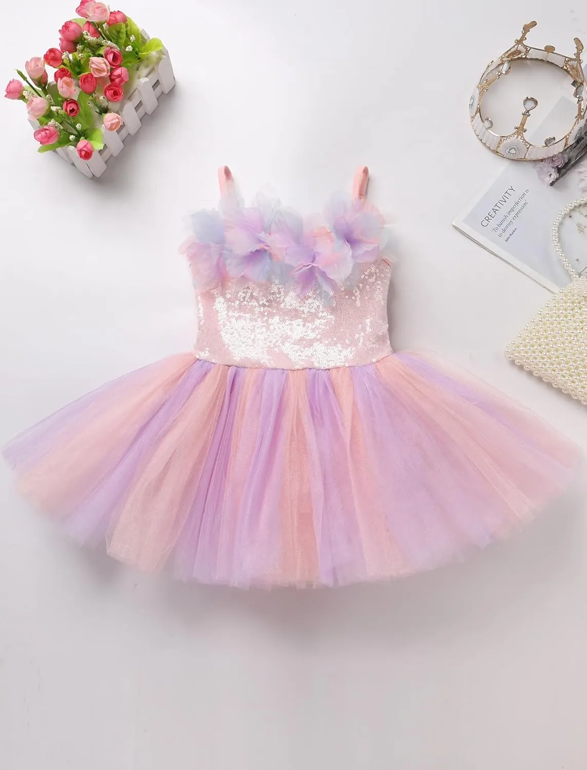 ODASDO Dance Leotard for Girls Toddler Kids Shiny Sequin Flower Camisole Dress Tutu Skirt Ballerina Dancewear