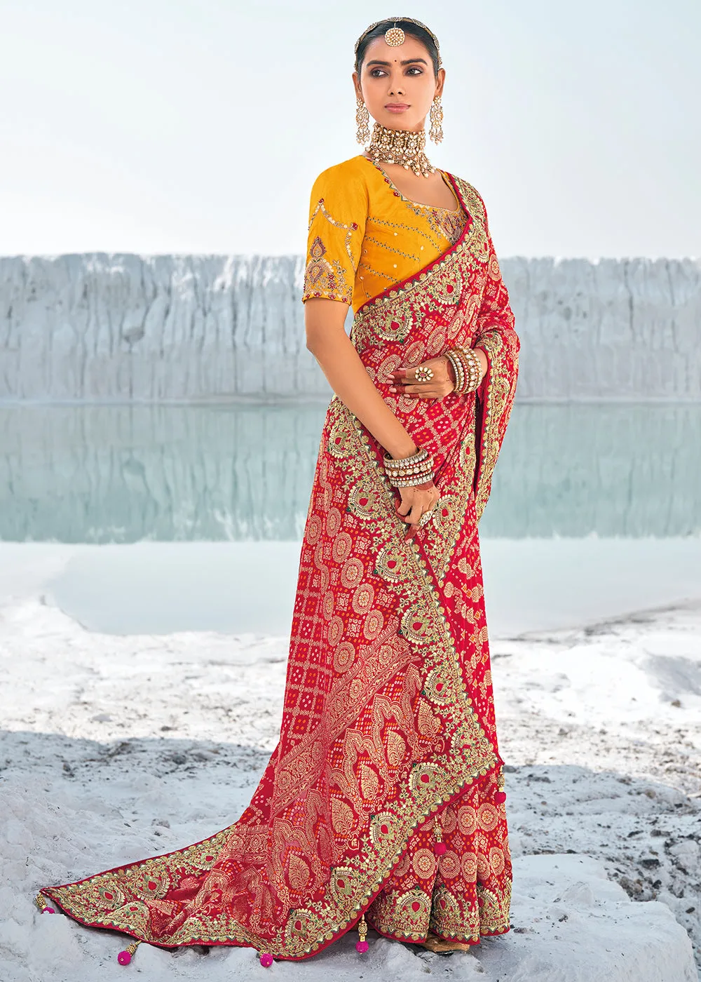 Persian Red Georgette Silk Saree Featuring Zari Weave, Bandhani, and Patola Design