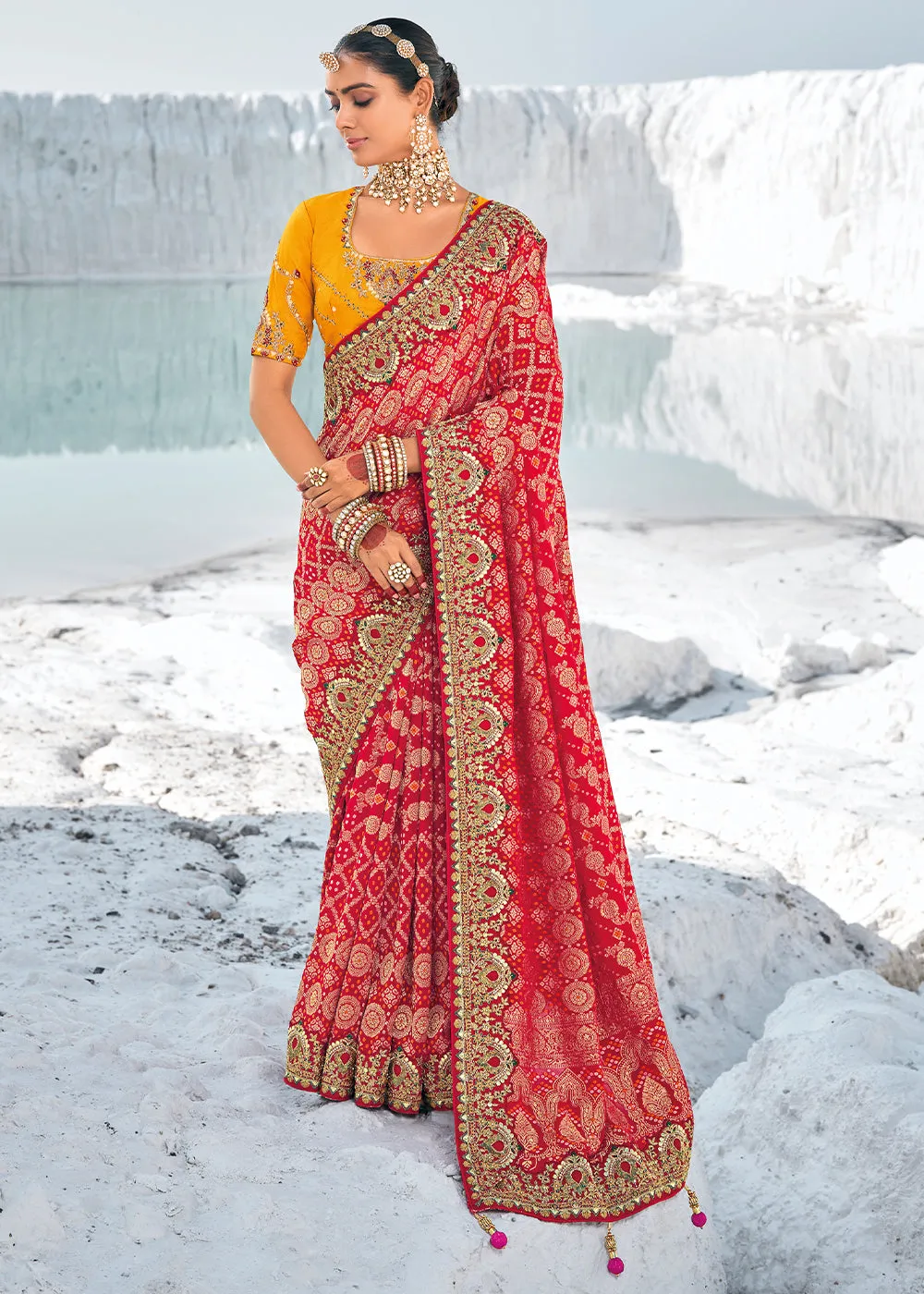 Persian Red Georgette Silk Saree Featuring Zari Weave, Bandhani, and Patola Design