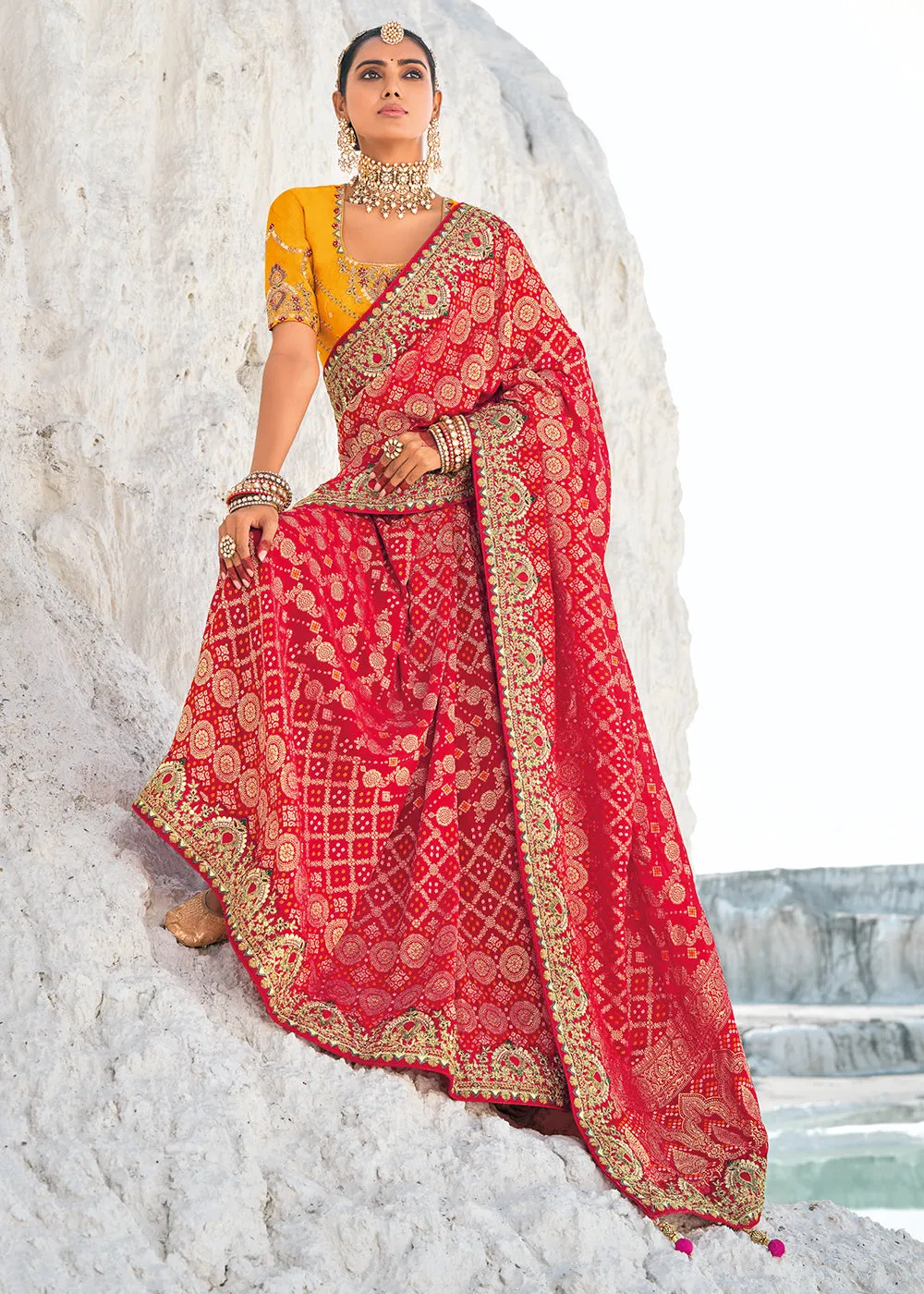 Persian Red Georgette Silk Saree Featuring Zari Weave, Bandhani, and Patola Design