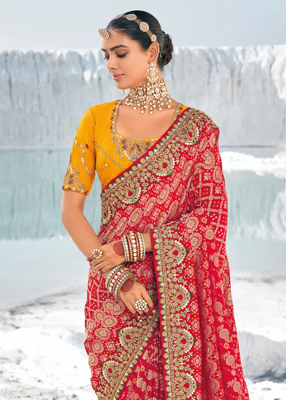 Persian Red Georgette Silk Saree Featuring Zari Weave, Bandhani, and Patola Design