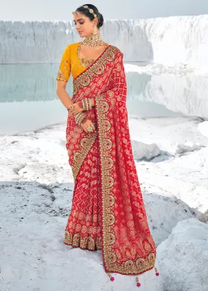 Persian Red Georgette Silk Saree Featuring Zari Weave, Bandhani, and Patola Design