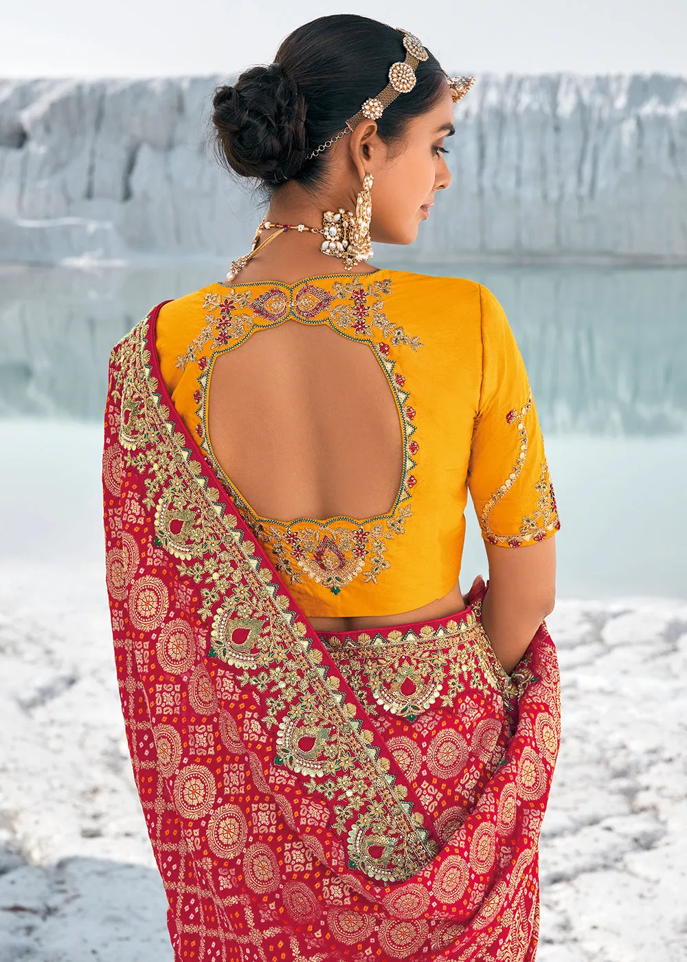 Persian Red Georgette Silk Saree Featuring Zari Weave, Bandhani, and Patola Design