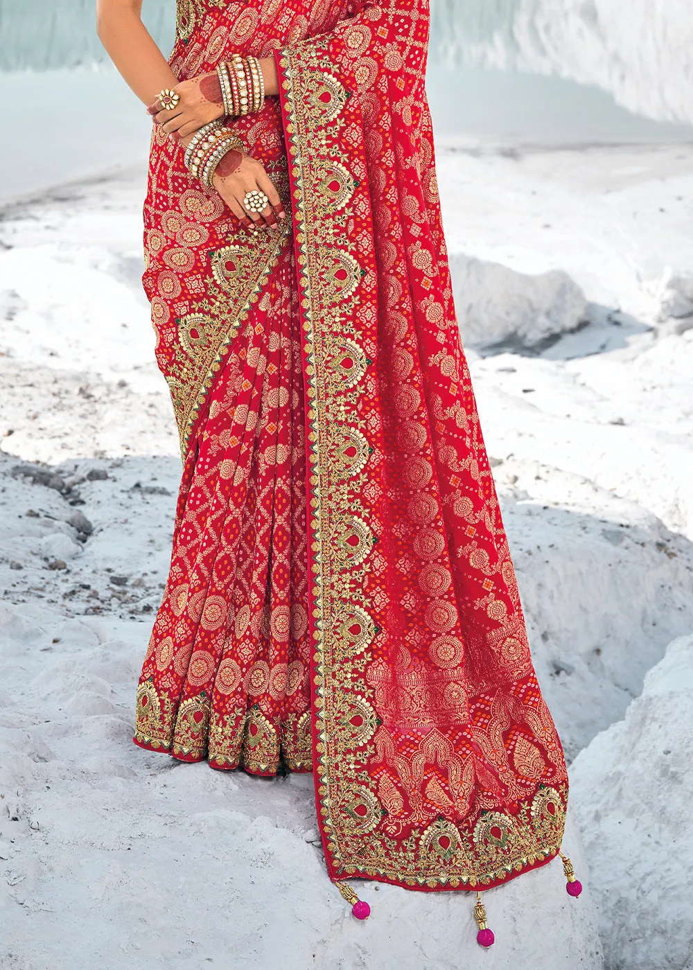 Persian Red Georgette Silk Saree Featuring Zari Weave, Bandhani, and Patola Design