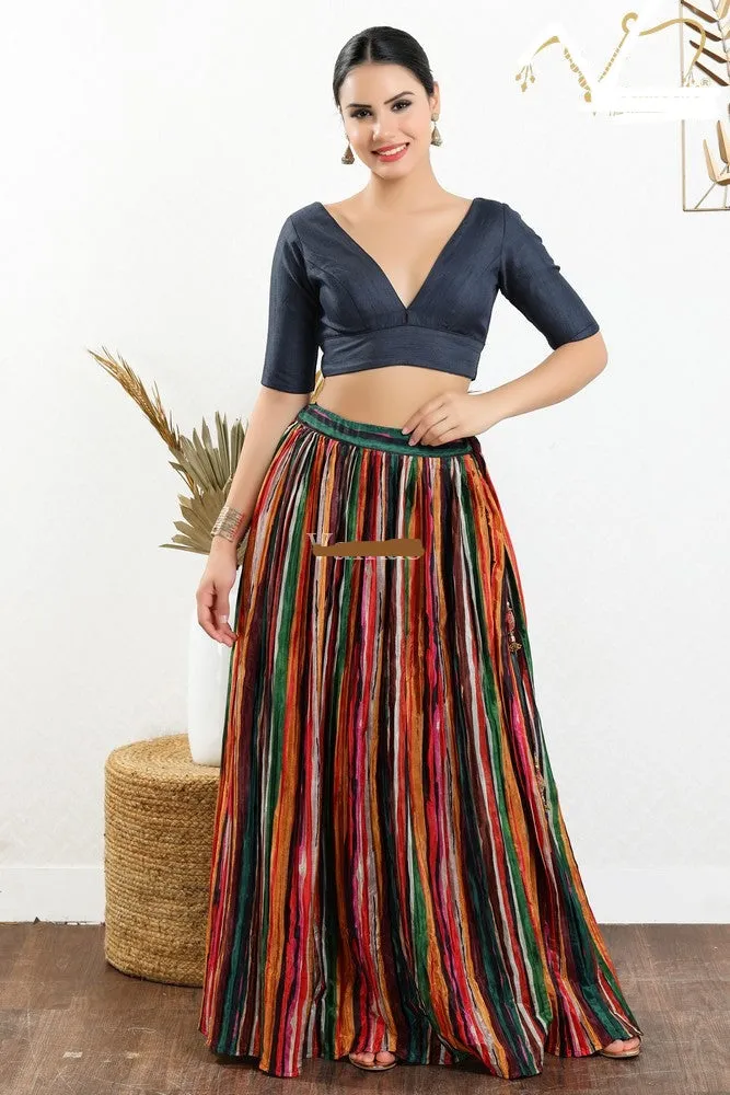 Readymade Silk Padded Back Open Elbow Sleeves Navy-Blue Saree Blouse