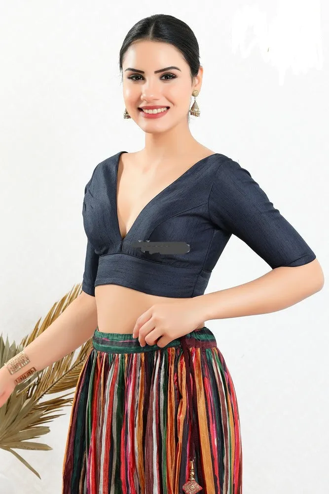 Readymade Silk Padded Back Open Elbow Sleeves Navy-Blue Saree Blouse
