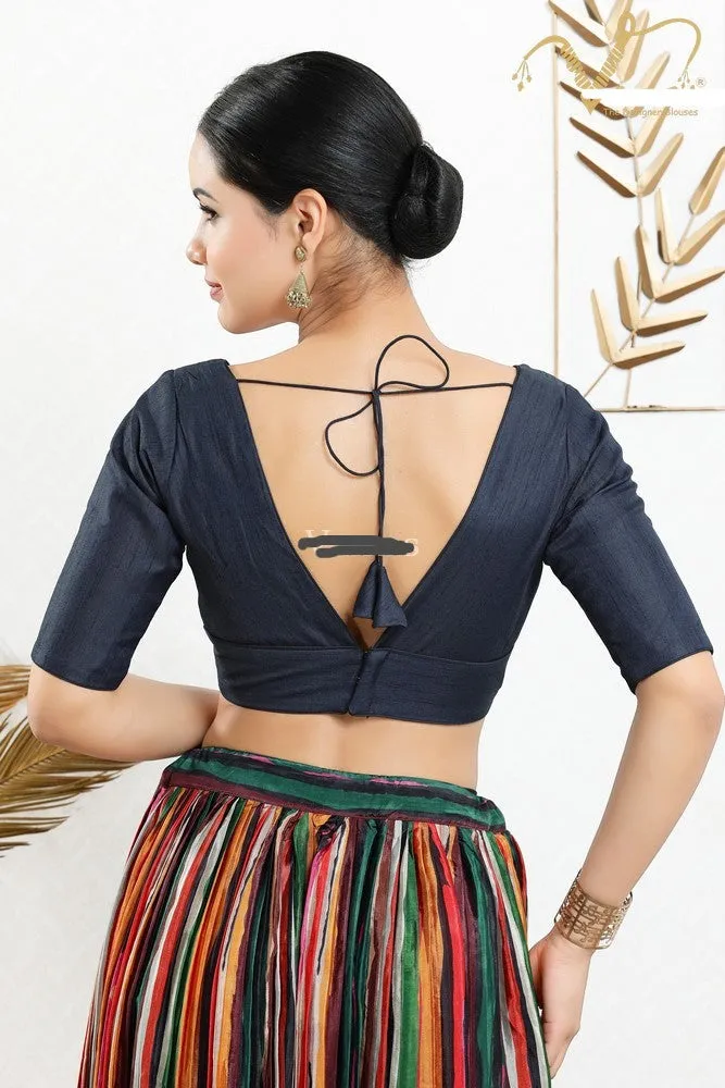 Readymade Silk Padded Back Open Elbow Sleeves Navy-Blue Saree Blouse