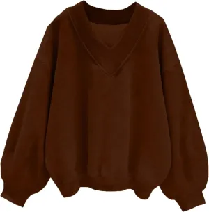 TANGNADE Women's Oversized Sweatshirts Long Sleeve Solid Hoodies V Neck Pullover Casual Sweaters 2024 Fall Clothes Trendy