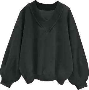 TANGNADE Women's Oversized Sweatshirts Long Sleeve Solid Hoodies V Neck Pullover Casual Sweaters 2024 Fall Clothes Trendy