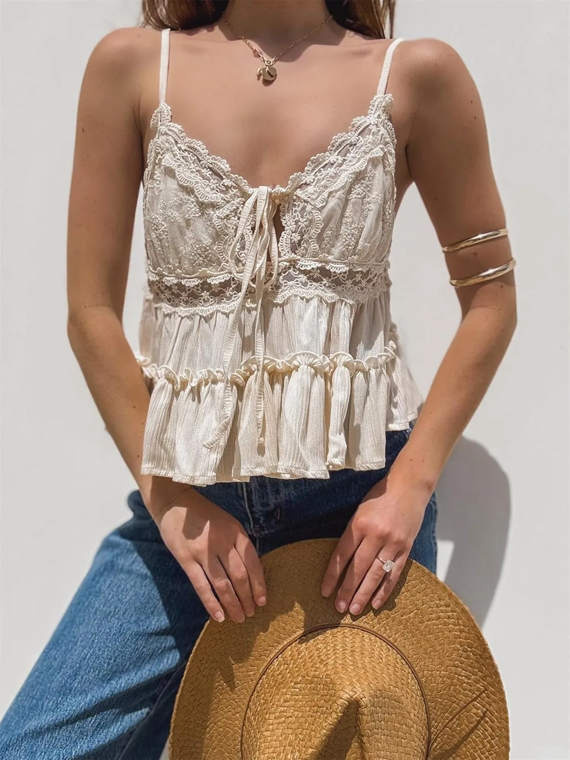 Women Ruffled Cami Tops Y2k V Neck Spaghetti Strap Ruffle Babydoll Cami Tops Summer Ruched Sleeveless Camisole