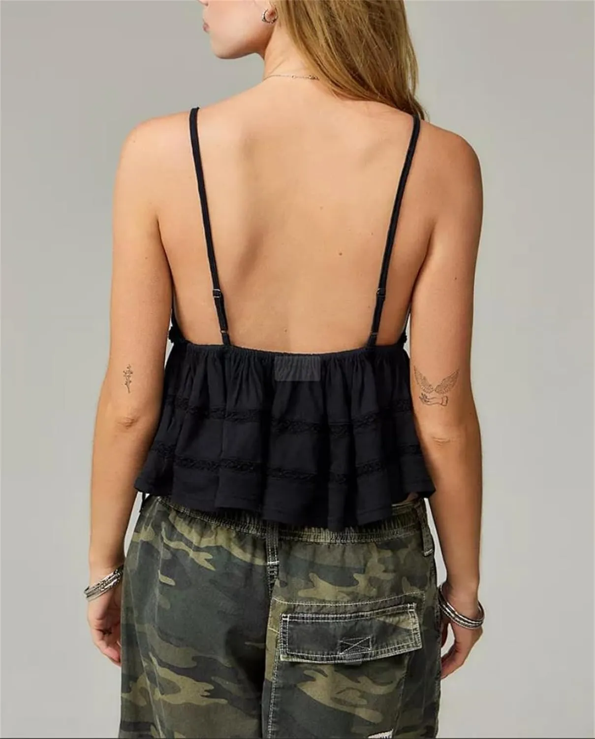 Women Ruffled Cami Tops Y2k V Neck Spaghetti Strap Ruffle Babydoll Cami Tops Summer Ruched Sleeveless Camisole
