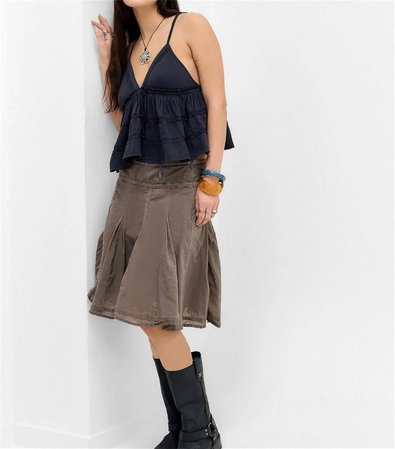 Women Ruffled Cami Tops Y2k V Neck Spaghetti Strap Ruffle Babydoll Cami Tops Summer Ruched Sleeveless Camisole