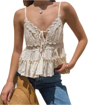 Women Ruffled Cami Tops Y2k V Neck Spaghetti Strap Ruffle Babydoll Cami Tops Summer Ruched Sleeveless Camisole
