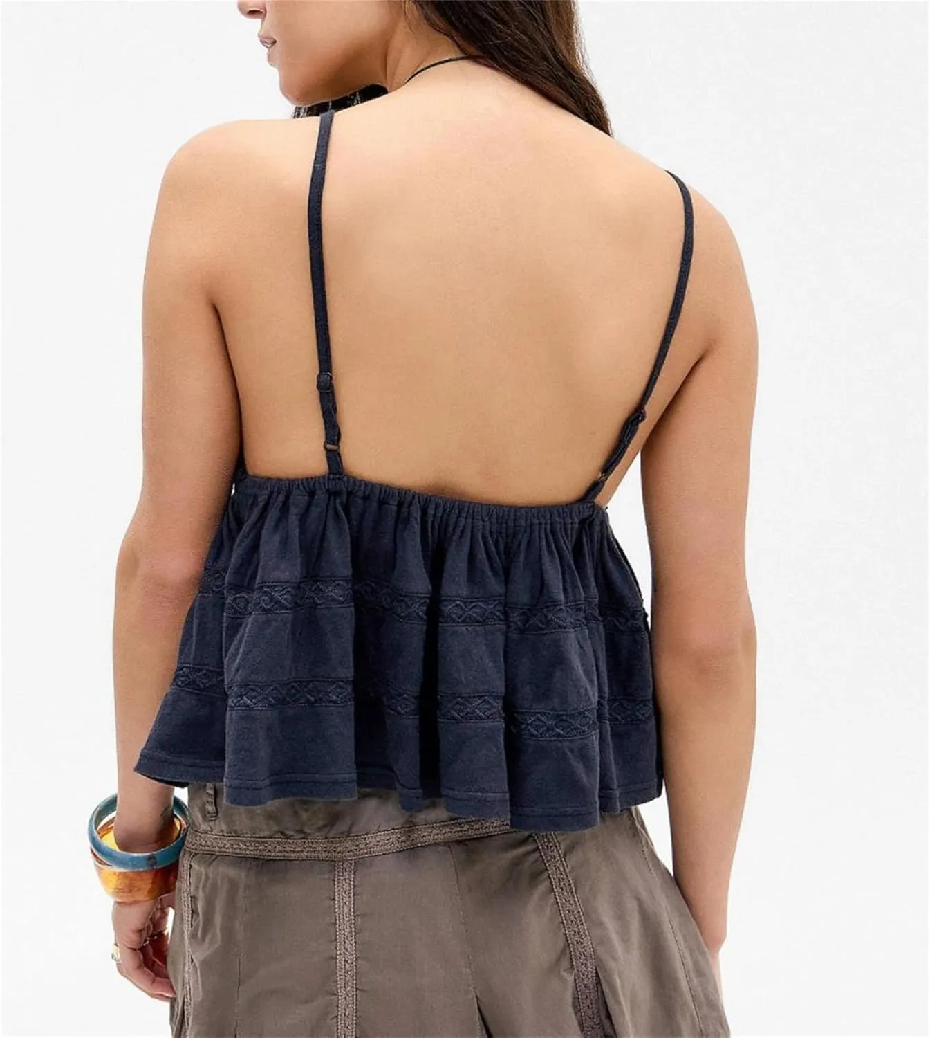 Women Ruffled Cami Tops Y2k V Neck Spaghetti Strap Ruffle Babydoll Cami Tops Summer Ruched Sleeveless Camisole