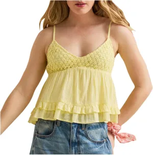 Women Ruffled Cami Tops Y2k V Neck Spaghetti Strap Ruffle Babydoll Cami Tops Summer Ruched Sleeveless Camisole
