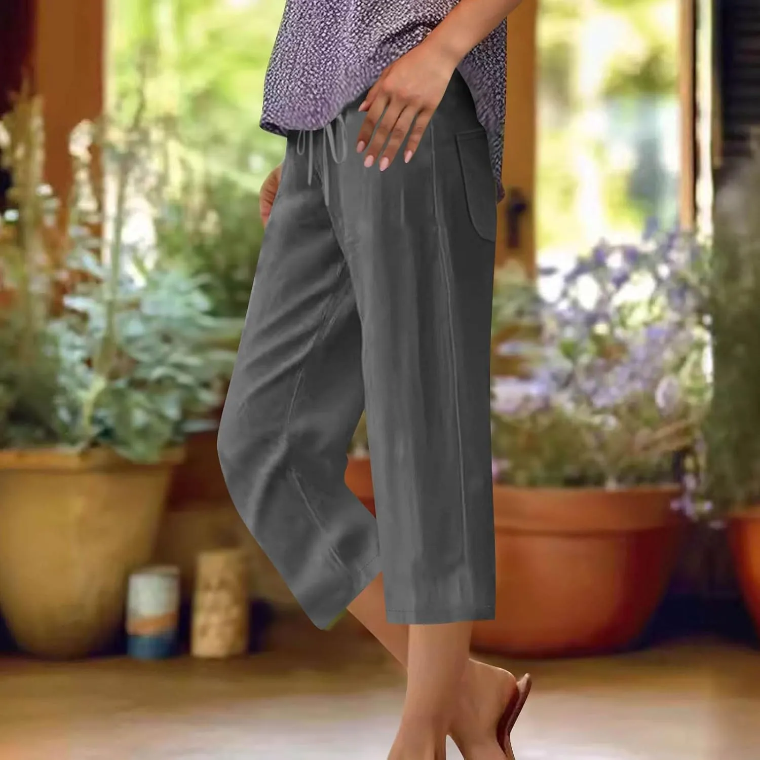 Women Summer Cotton Linen Capri Pants Plain Pant Elasticated Waist Cropped Trousers Loose Breathable Capris with Pocket