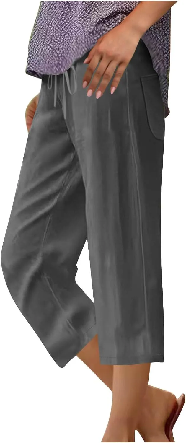 Women Summer Cotton Linen Capri Pants Plain Pant Elasticated Waist Cropped Trousers Loose Breathable Capris with Pocket
