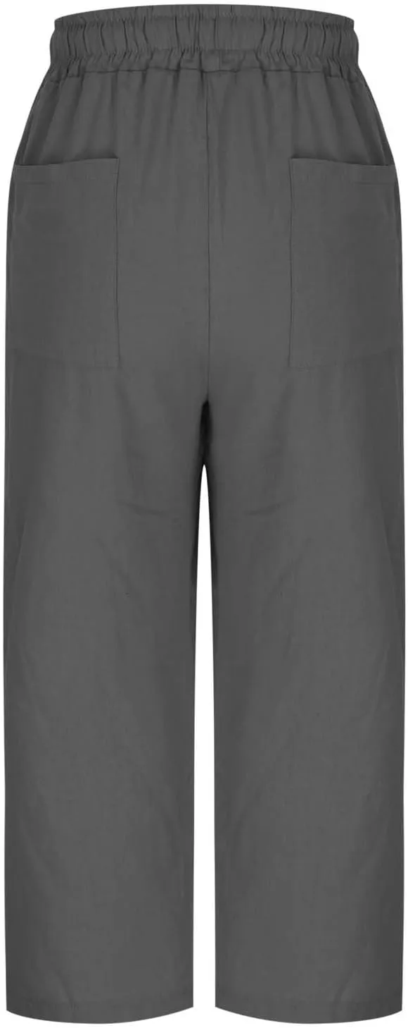 Women Summer Cotton Linen Capri Pants Plain Pant Elasticated Waist Cropped Trousers Loose Breathable Capris with Pocket