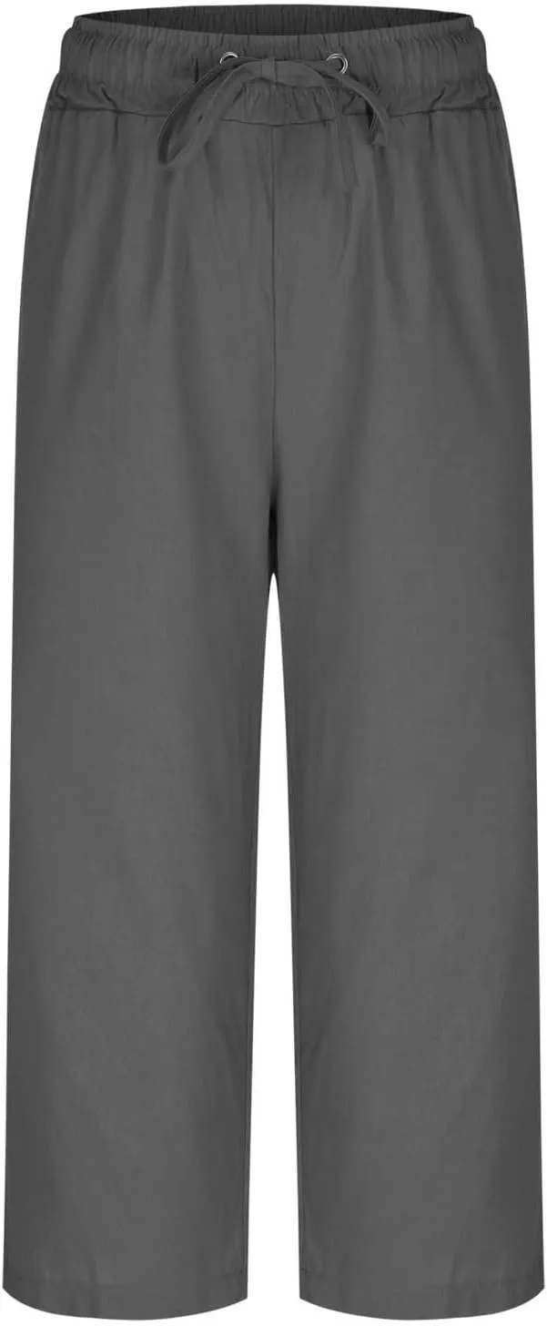 Women Summer Cotton Linen Capri Pants Plain Pant Elasticated Waist Cropped Trousers Loose Breathable Capris with Pocket