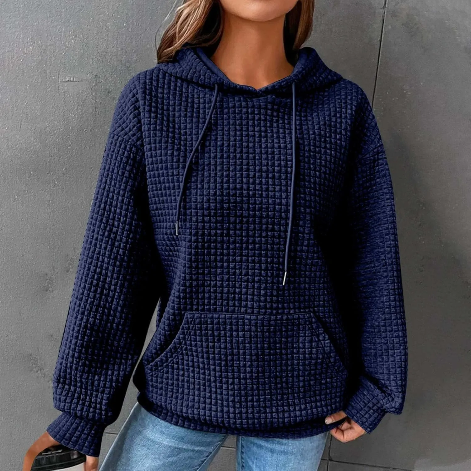 Womens Button Drawstring Y2k Hoodie Drop Shoulder Baggy Hooded Sweatshirt Lightweight Pullover Fall Clothes w/Pockets