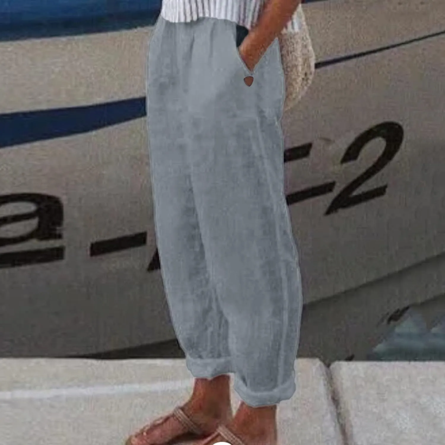 Women's Cotton Linen Pants Casual Baggy Elastic Waist Pants Wide Leg Pant Fashion Summer Beach Trousers with Pocket