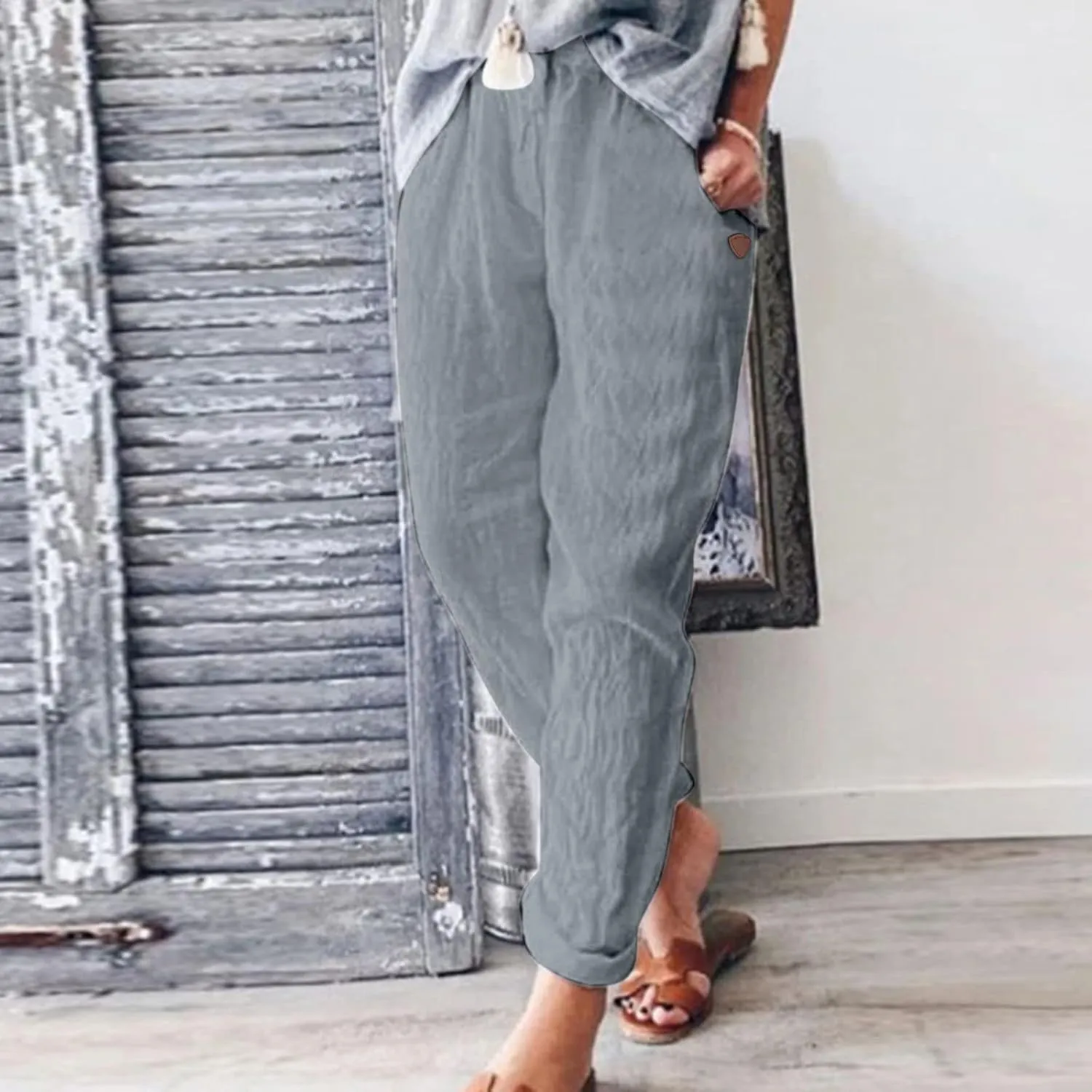 Women's Cotton Linen Pants Casual Baggy Elastic Waist Pants Wide Leg Pant Fashion Summer Beach Trousers with Pocket