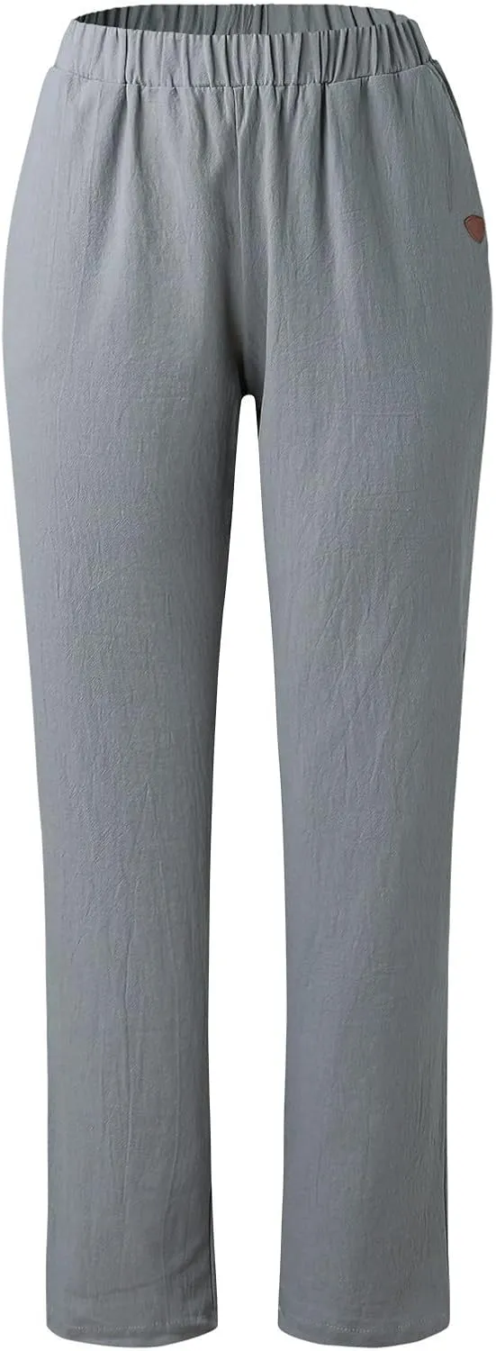 Women's Cotton Linen Pants Casual Baggy Elastic Waist Pants Wide Leg Pant Fashion Summer Beach Trousers with Pocket