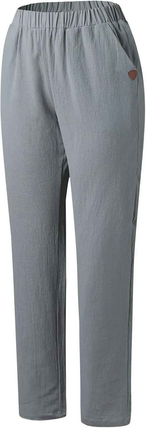 Women's Cotton Linen Pants Casual Baggy Elastic Waist Pants Wide Leg Pant Fashion Summer Beach Trousers with Pocket
