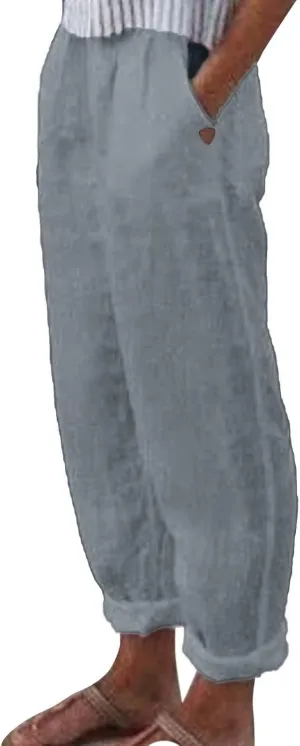 Women's Cotton Linen Pants Casual Baggy Elastic Waist Pants Wide Leg Pant Fashion Summer Beach Trousers with Pocket