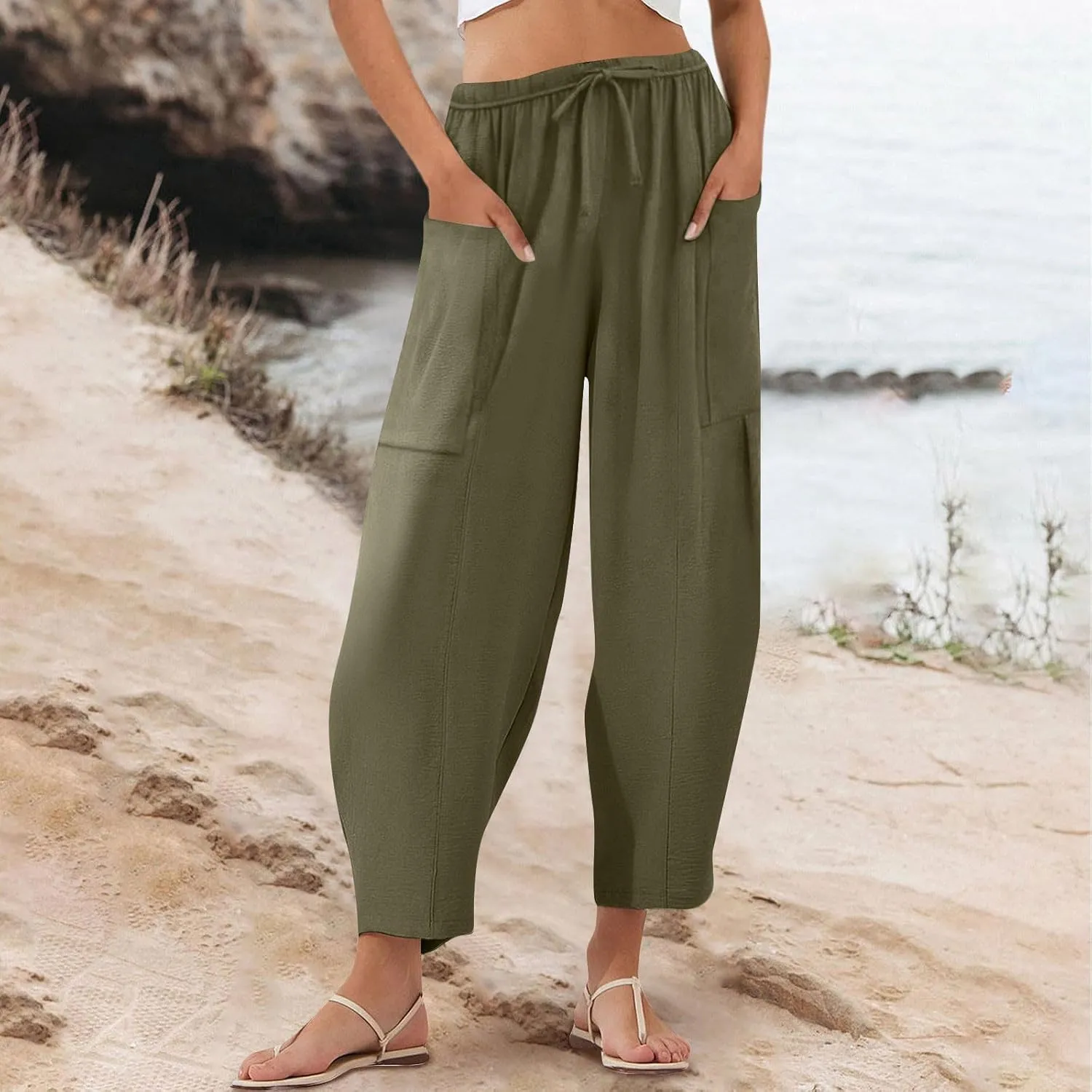 Womens Cotton Linen Pants with Front Pockets Summer Straight Leg Cropped Trousers Casual Comfy Capri Pant Solid Color