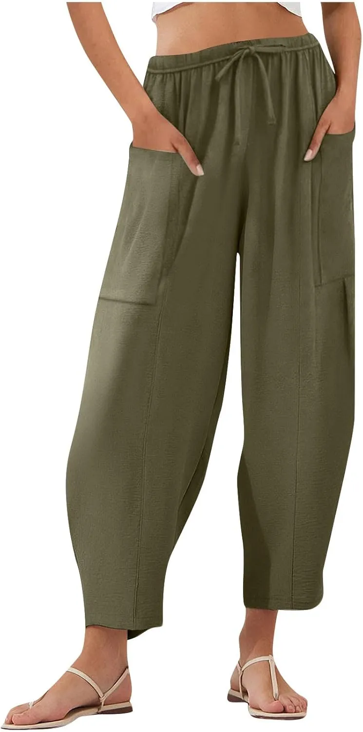 Womens Cotton Linen Pants with Front Pockets Summer Straight Leg Cropped Trousers Casual Comfy Capri Pant Solid Color
