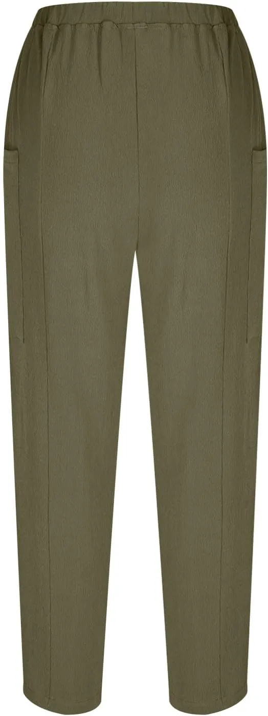 Womens Cotton Linen Pants with Front Pockets Summer Straight Leg Cropped Trousers Casual Comfy Capri Pant Solid Color