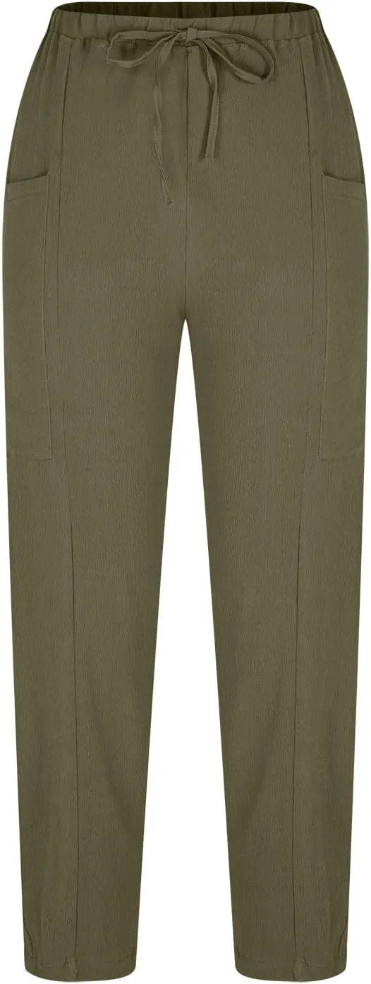 Womens Cotton Linen Pants with Front Pockets Summer Straight Leg Cropped Trousers Casual Comfy Capri Pant Solid Color