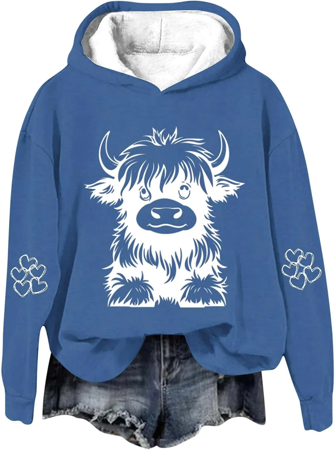 Women's Hoodies Cute Cow Graphic Heart Print Long Sleeve Hooded Pullover Warm Fleece Lined Sweatshirts