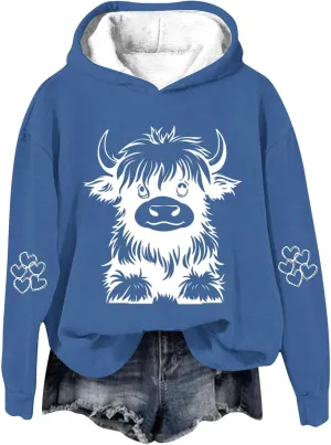 Women's Hoodies Cute Cow Graphic Heart Print Long Sleeve Hooded Pullover Warm Fleece Lined Sweatshirts