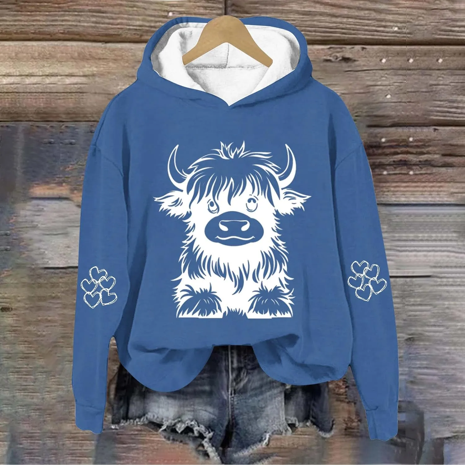 Women's Hoodies Cute Cow Graphic Heart Print Long Sleeve Hooded Pullover Warm Fleece Lined Sweatshirts