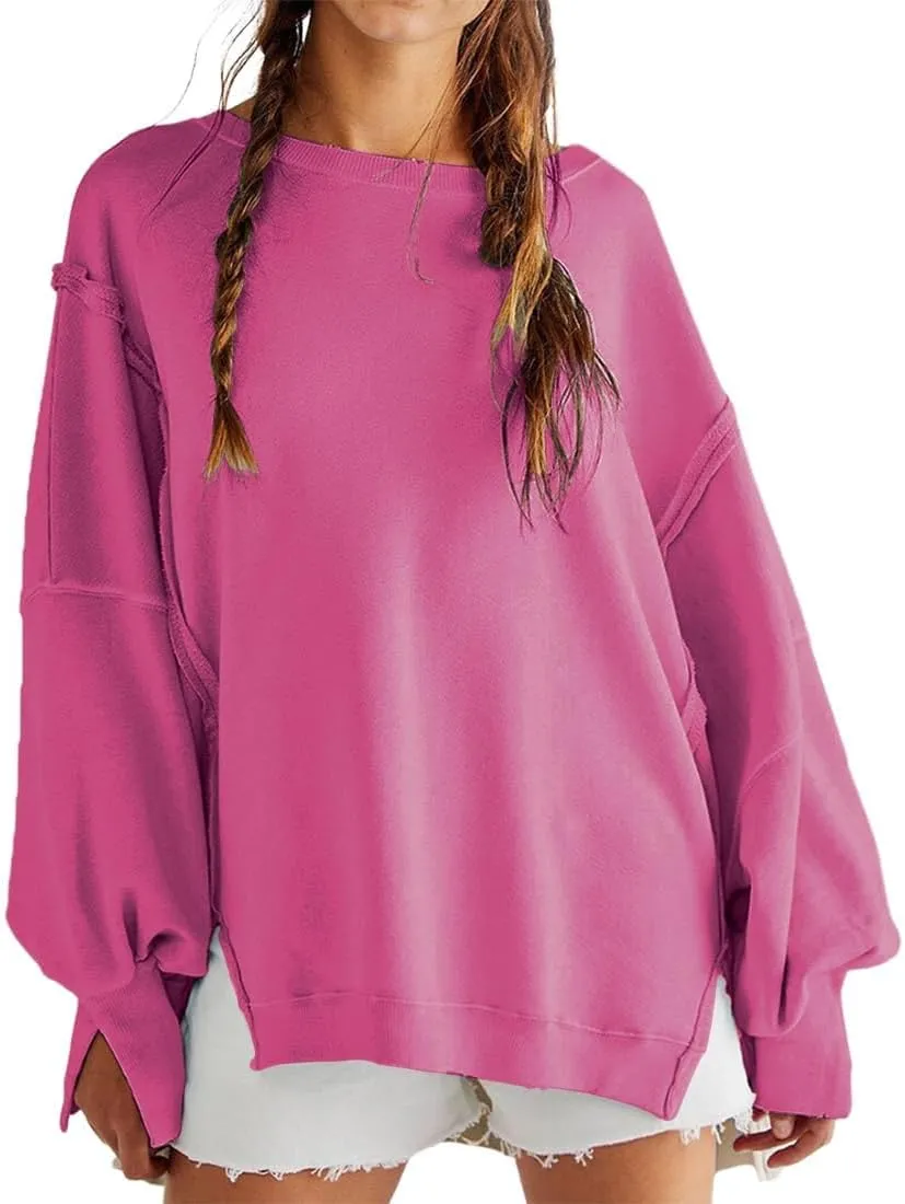 Womens Oversized Sweatshirts Crewneck Tunic Top Casual Loose Hoodie Solid Pullover Sweaters Trendy Preppy Cothes