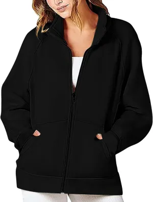 Womens Oversized Sweatshirts No Hood Long Sleeve Zipper Fleece Sweatshirt Jackets Pullovers Comfort Trendy Clothes