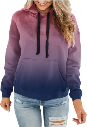Womens Plus Size Hoodie Sweatshirt 2024 Fall Fashion Gradient Color Hooded Sweatshirt Loose Long Sleeve Pullover Tops