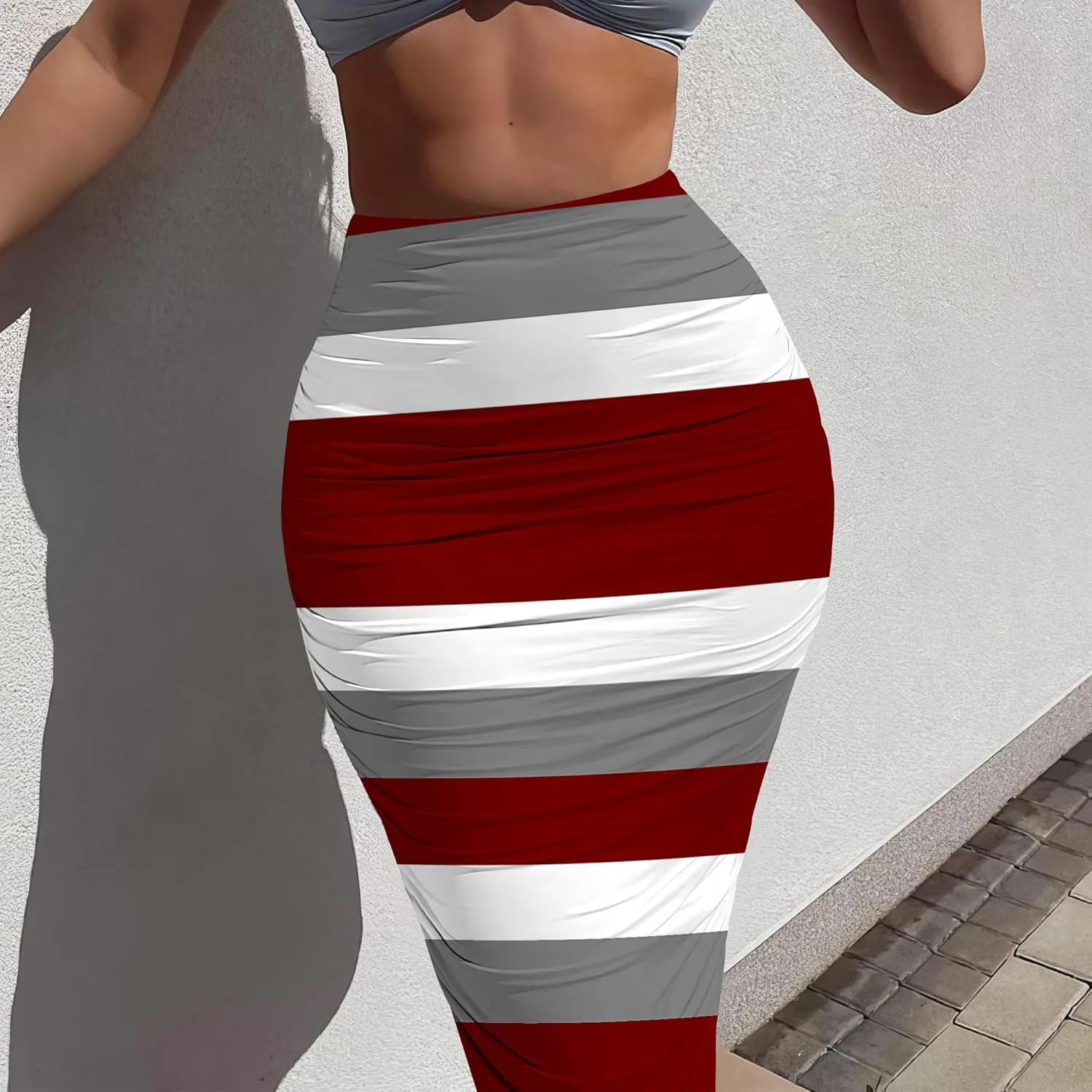Women's Plus Size Midi Skirt Ruched Bodycon High Waist Wrap Long Skirts Slim fit Party Club Night Out Pencil Skirt